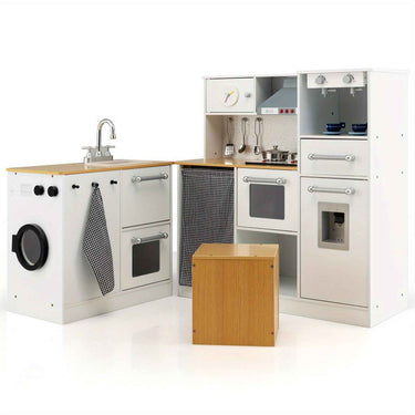 Wooden Kids Kitchen Playset with Light & Sound Stove, Stool, and Icemaker